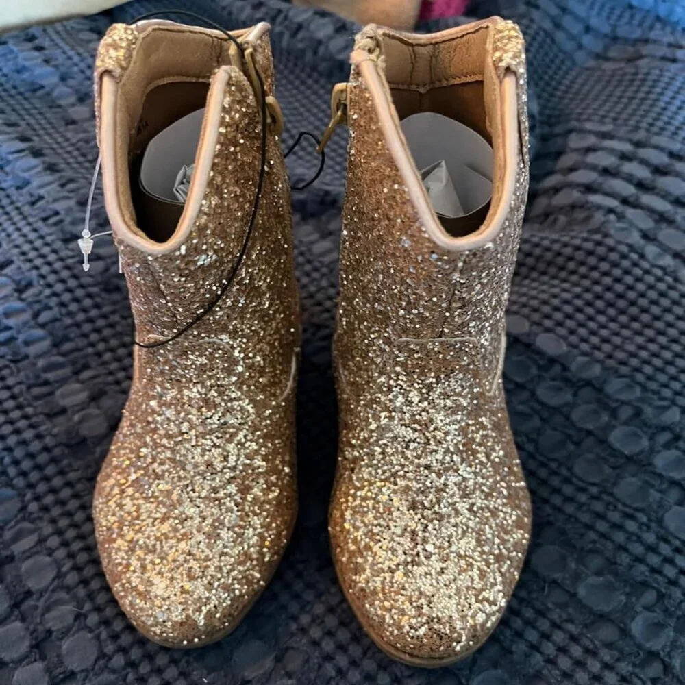 🆕Girls Rose Gold Glitter Manmade Glitter Cowgirl Mid Calf Cowboy Western Boots